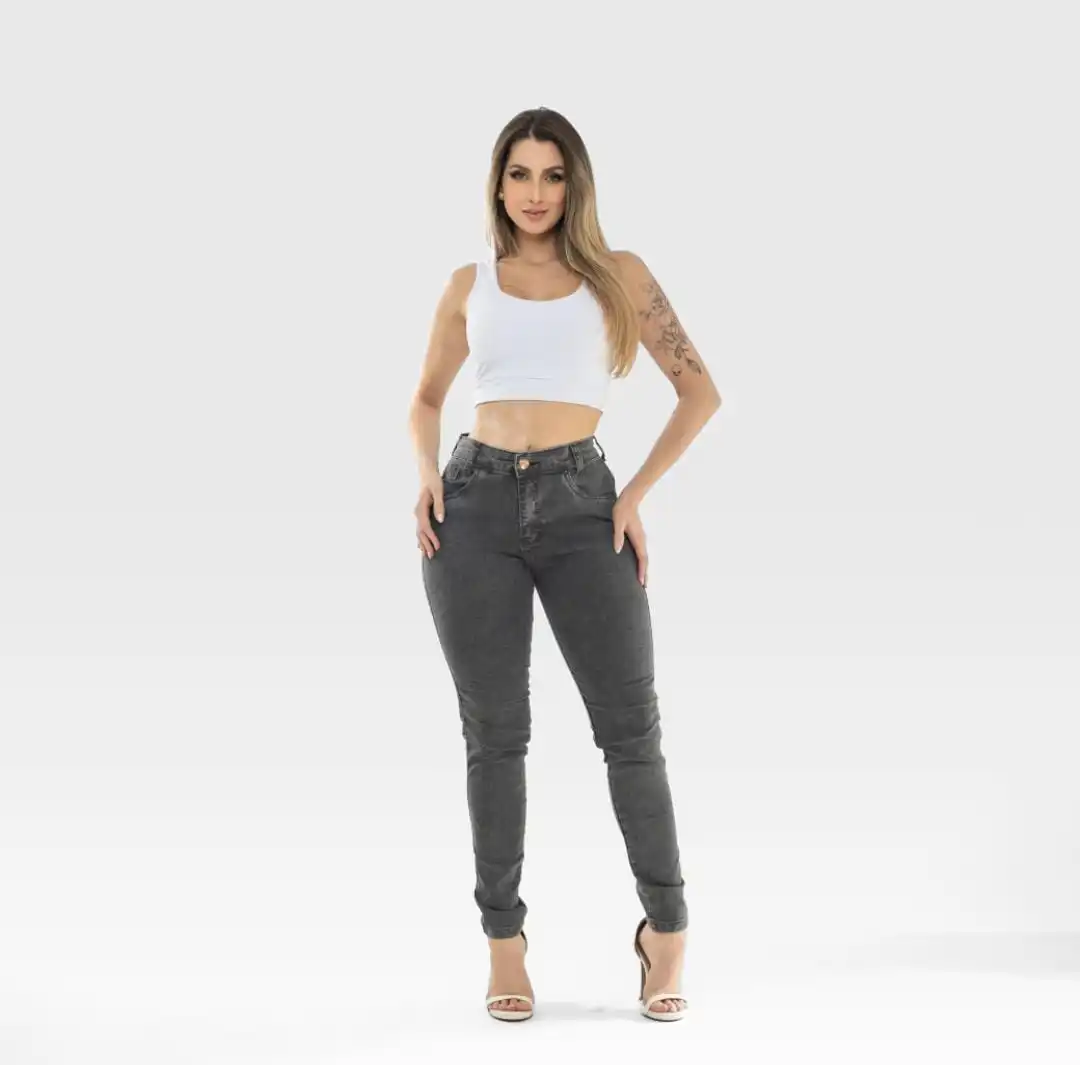 Calça Jeans Feminina Cinza Grafite Marmorizada