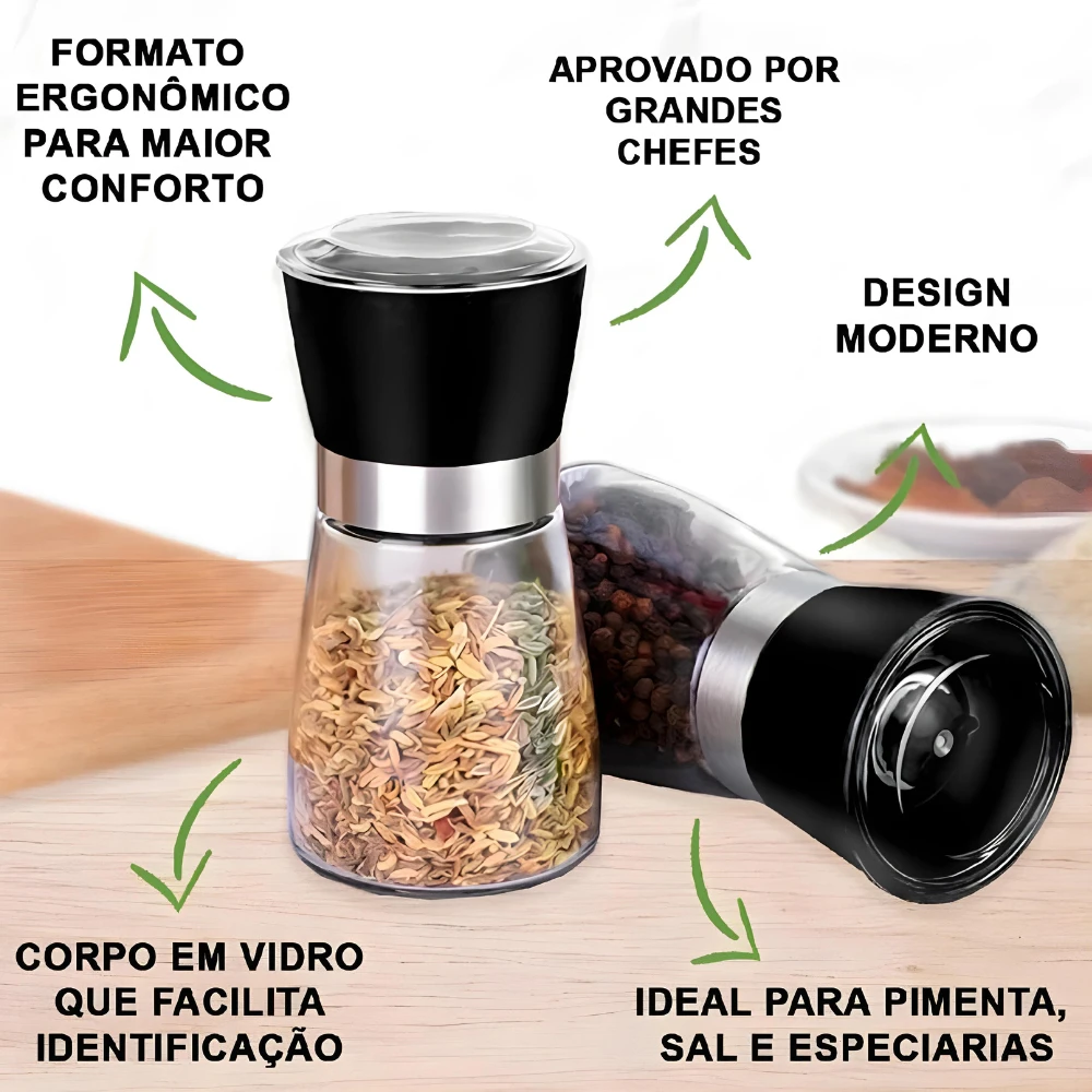 Kit 2 Moedores de Temperos em Vidro e Inox